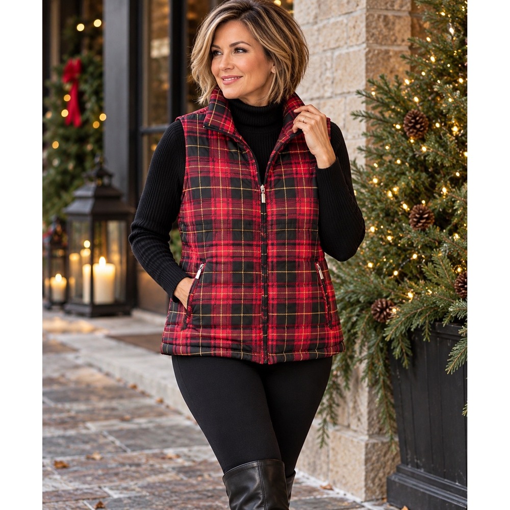 Jane Ashley Plaid Quilted Puffer Vest Large Red Black Tartan Holiday Winter